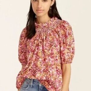 J Crew Floral Puff Sleeve Blouse with Smocked Yoke